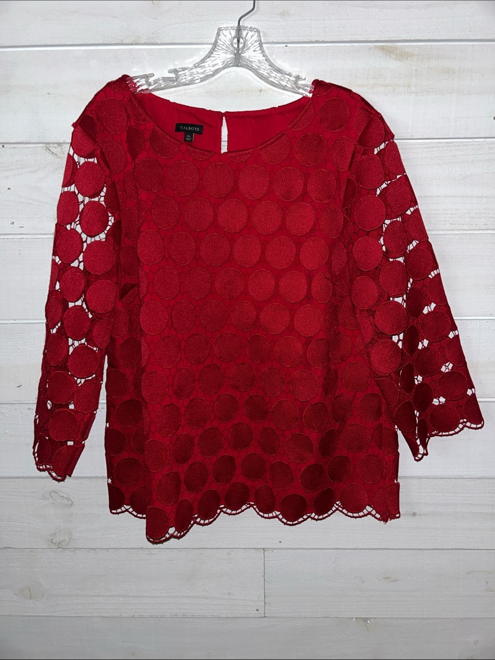 Talbots Red Crochet Dot Lace Top - Women's Scalloped Blouse
